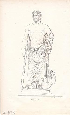 Esculape, Asklepios, Äskulap, Schlange, Umrisskupfer um 1825 mit Äskulap als griechische Skulptur...