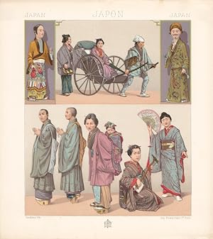 Japan, Trachten, Kimono, Kostüme, Fächer, Rikscha, schöne Chromolithographie um 1878 mit vier Ein...