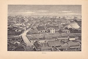 Japan, Yokohama, Präfektur Kanagawa, Holzstich um 1895 mit Blick auf die Stadt aus der Vogelpersp...