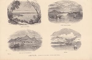 Japan, views of its chief towns and ports, Jeddo, Hiogo, Hakodadi, Hiogo, Holzstich um 1880 mit v...