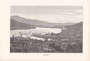 Japan, Nagasaki, Kyushu, Holzstich um 1880 mit Blick auf die Hafenstadt aus der Vogelperspektive,...