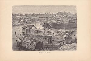 Flußscene in Siam, Thailand, Holzstich um 1875 mit Blick auf einen Fluss durch ein Dorf mit einer...