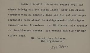 Brief mit eigenh. U. Berlin 3.12.1909. 2 S. 8°.