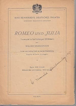 Besetzungszettel zu 'Romeo und Julia.' In der von Lidwig Tieck revidierten Übersetzung August Wil...