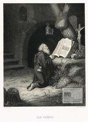 Der Eremit. Knieender Mönch im Gebet vor den Heiligen Schriften mit Kruzifix, Sanduhr und Totensc...