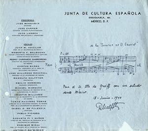 Bild des Verkufers fr Autograph musical quotation signed and dated June 18, 1940 zum Verkauf von J & J LUBRANO MUSIC ANTIQUARIANS LLC