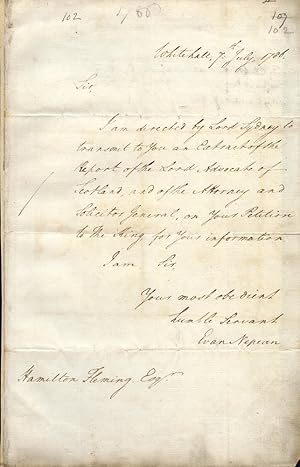 Original manuscript letter to Hamilton Fleming, signed by Under-Secretary Evan Nepean