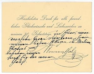 Seller image for Gedruckte Dankeskarte mit eigenh. Widmung und U. for sale by Antiquariat INLIBRIS Gilhofer Nfg. GmbH