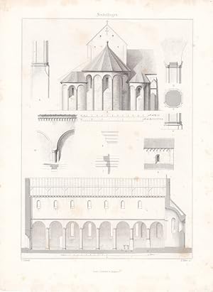 Martingskirche Sindelfingen, Stuttgart, Stahlstich um 1850 mit Aufriss der Apsiden und des Langha...