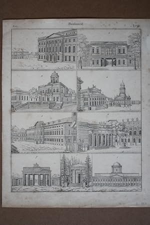 Brandenburger Tor, Gendarmenmarkt, Schauspielhaus, Stahlstich um 1850 als Sammelblatt mit neun Ei...