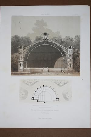 Musiktribüne im zoologischen Garten bei Berlin, altkolorierte Lithographie von 1874 mit zwei Einz...