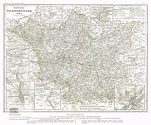 Provinz Brandenburg 1849. Landkarte vom Brandenburg mit acht Innenkarten von Guben, Prenzlow, Fra...