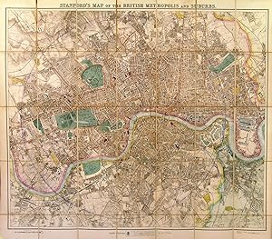 STANFORDS MAP OF THE BRITISH METROPOLIS AND SUBURBS. Folding map of London, dissected into 28 ...