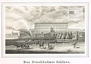 Das Stockholmer Schloss. Schöne Ansicht der Westseite des Stockholmer Schlosses mit Bronzelöwe un...