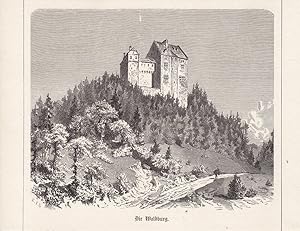 Die Waldburg, Holzstich um 1870 mit Blick auf den Burgberg, Blattgröße: 14 x 18,5 cm, reine Bildg...