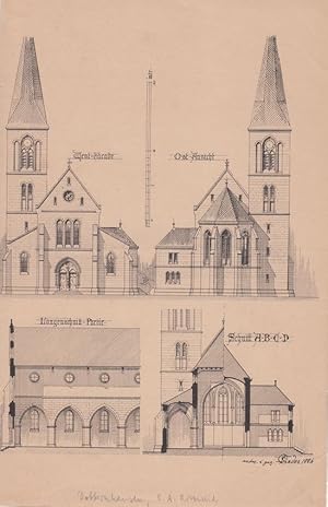 Rottweil, St. Martinus-Kirche Dotternhausen, Lithographie von 1886 mit Westfassade, Ostansicht un...