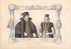 Johann Albrecht I. Herzog von Mecklenburg, Gemahlin Anna Sophia, altkolorierte Lithographie um 18...