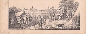 Stralsund, Heerlager, Armee, Schlacht, Stadtansicht, Druckgraphik um 1840 mit der Stadtshilouette...
