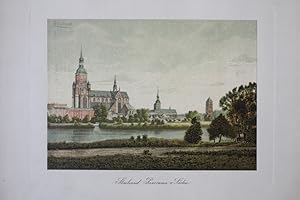 Stralsund Panorama von Süden, aufwendige Farblithographie um 1880 nach einem Aquarell von Leo Kem...