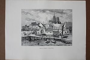 Partie von Stralsund, Stadtansicht, Hafenszene, original Holzstich um 1885 von Hans Bartels, Blat...