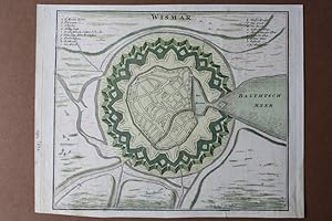 Wismar, Stadtplan, Festungsbau, Ostsee, original Kupferstich um 1740 mit Blick auf die Stadt, die...