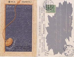 Farbige Postkarte mit einer beschreibbaren Schiefertafel mit Schwamm. Abgestempelt 13.10.1900.