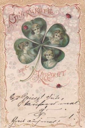 Glückskarte mit Kleeduft. Geprägte Postkarte in farbiger Lithographie. Abgestempelt Antwerpen 15....