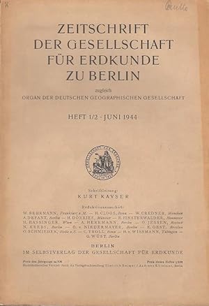 Imagen del vendedor de Zeitschrift der Gesellschaft fr Erdkunde zu Berlin. Heft 1 / 2 , Juni 1944. a la venta por Antiquariat Carl Wegner