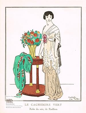 Bild des Verkufers fr Le Cachemire Vert. Robe du Soir, de Redfern. Der grne Kaschmir. Abendkleid von Redfern. Kolorierter Holzschnitt von Carl Egli in Gazette du Bon Ton No. 1 Paris 1912 zum Verkauf von historicArt Antiquariat & Kunsthandlung