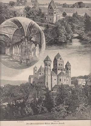 Seller image for orig. Holzstich Die Benediktiner-Abtei Maria Laach - Rheinland/Pfalz Sammelbild in drei Ansichten for sale by Allguer Online Antiquariat