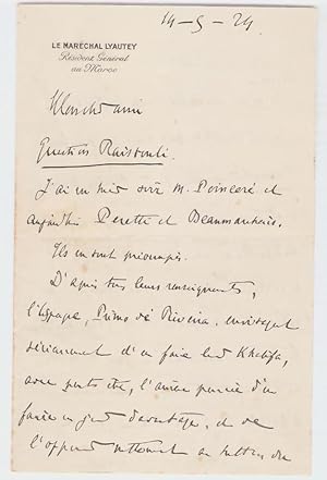 Lettre autographe manuscrite signée relative à la "Question Raissouli".