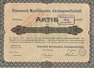 Aktie über 1000 Mark der Eisenwerk Martinlamitz AG - No. 0403 vom 3. April 1920. (mit rotem Umste...