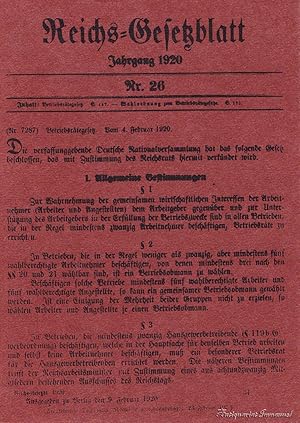 Bild des Verkufers fr Betriebsrtegesetz. Nachdruck der Verffentlichung Reichsgesetzblatt Nr. 26 aus dem Jahre 1920. zum Verkauf von Antiquariat Immanuel, Einzelhandel