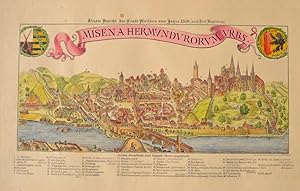 Meißen. Panorama mit Elbe und Wappen. Älteste Ansicht der Stadt Meissen von 1558 ( nach Hiob Bran...
