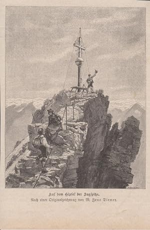 orig. Holzstich Auf dem Gipfel der Zugspitze - Südtirol/ Alpen Nach einem Gemälde von Zeno Diemer