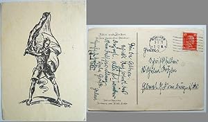 Ansichtskarte mit Abbildung der Zeichnung "Fahnenschwenker" von Ulrich Kotzde mit kurzem eigenhän...