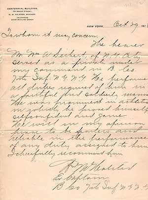 Handwritten letter, ALS dated 1918, Centennial Building Letterhead, New York: written as record o...