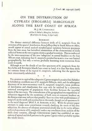 Bild des Verkufers fr On the Distribution of Cypraea (Erosaria) marginalis Along the East Coast of Africa zum Verkauf von ConchBooks