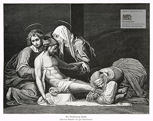 Die Grablegung Christi. Großer Original-Holzschnitt von Scheu nach dem Gemälde von Fra Bartolomme...
