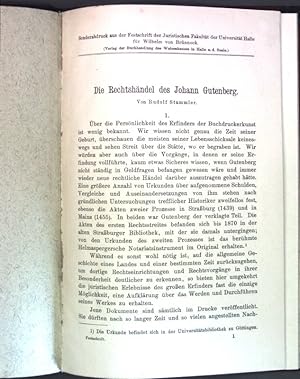 Bild des Verkufers fr Die Rechtshndel des Johann Gutenberg; Sonderabdruck aus der Festschrift der Juristischen Fakultt der Univesitt Halle fr Wilhelm von Brnneck; zum Verkauf von books4less (Versandantiquariat Petra Gros GmbH & Co. KG)