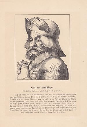 Götz von Berlichingen, Schöntal, Hornburg, Holzstich um 1880 im Halbprofil darunter eine Kurzbiog...