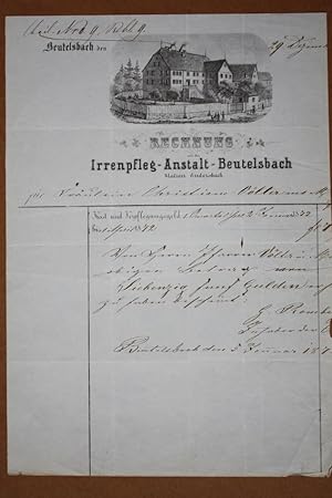 Rechnung Irrenpfleg Anstalt Beutelsbach, Weinstadt, Lithographie von 1872 mit Abbildung der Heila...