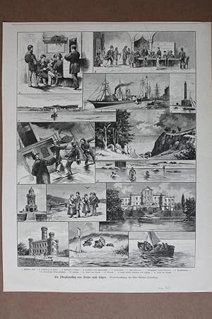 Ein Pfingstauszug von Berlin nach Rügen, Holzstich um 1885 als Sammelblatt mit 14. Einzelabbildun...