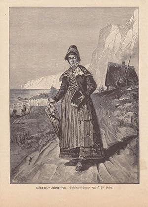 Mönchguter Fischerfrau, Rügen, Ostsee, Kreidefelsen, Holzstich um 1885 nach F.W. Heine, Blattgröß...