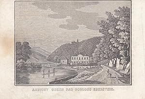 Ansicht gegen das Schloss Eberstein, Baden Baden, kleinformatiger Holzstich um 1845 von A. Jarosc...