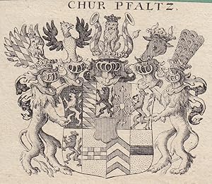 Chur Pfaltz, Wappenschild, Heraldik, Helmschmuck, Wappenhalter, kleinformatiger Kupferstich um 17...