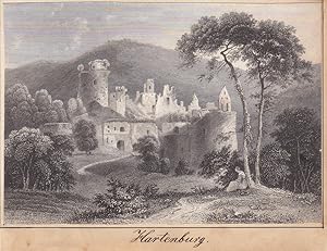 Hardenburg, Pfälzerwald, Bad Dürkheim, Stahlstich um 1850 mit Blick auf die Ruine aus der Natur h...