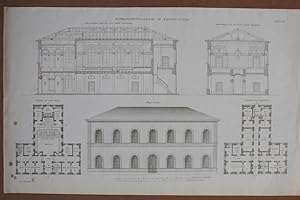 Bezirksgerichtsgebäude in Kaiserslautern, Stahlstich von 1842 mit Auf- und Grundrissen des Gebäud...