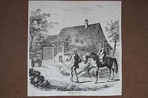 Partie aus Leinsweiler, Pferd, Kind, Bauernhaus, Holzstich um 1860, Blattgröße: 16,5 x 16,3 cm, r...