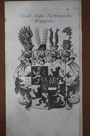 Fürstl. Salm Kyrburgisches Wappen, Heraldik, Helmzier, original Kupferstich mit reich verziertem ...